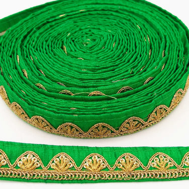 Green Art Silk Trim with Gold Embroidery and Sequins Indian Sari Border Trim By 3 Yards Decorative Trim Craft Lace